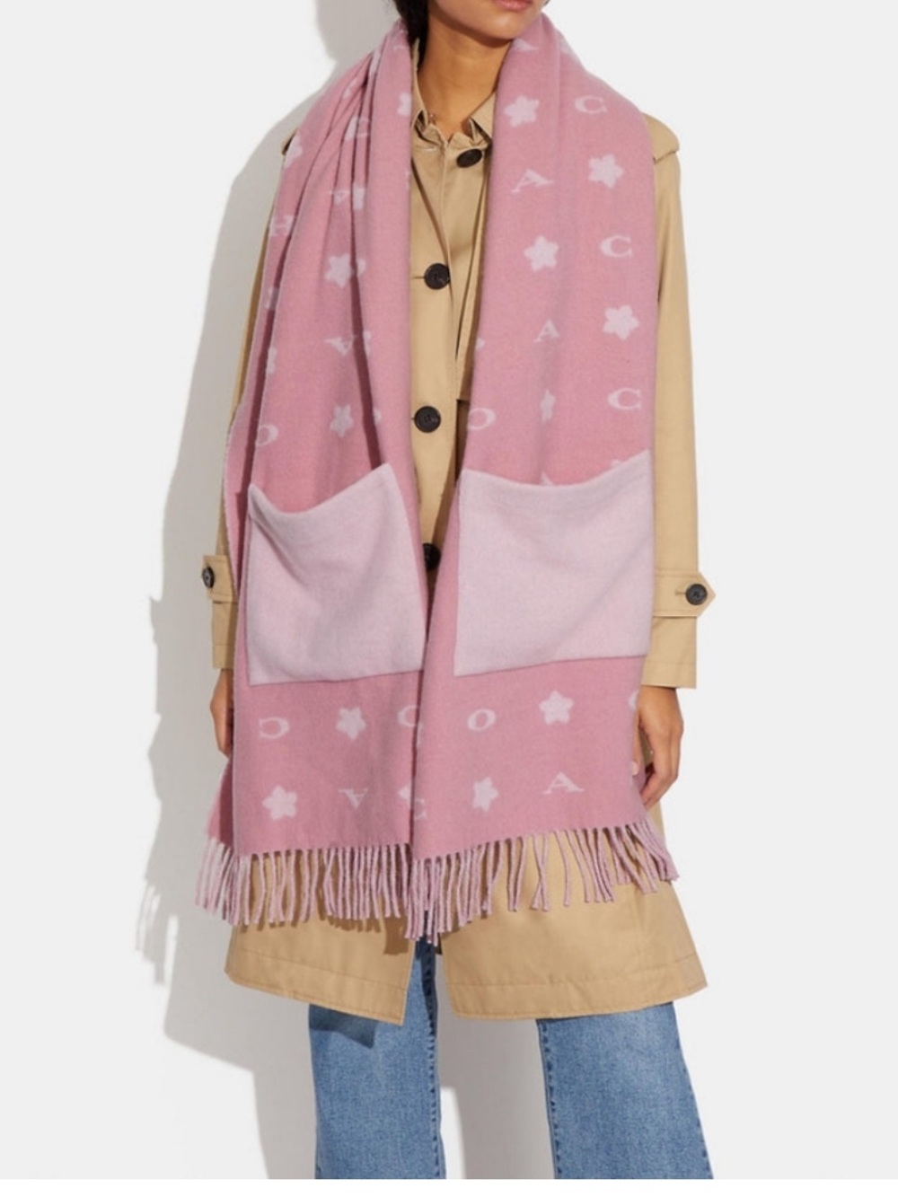 Coach Pink Logo Pocket Fringe Scarf nwt